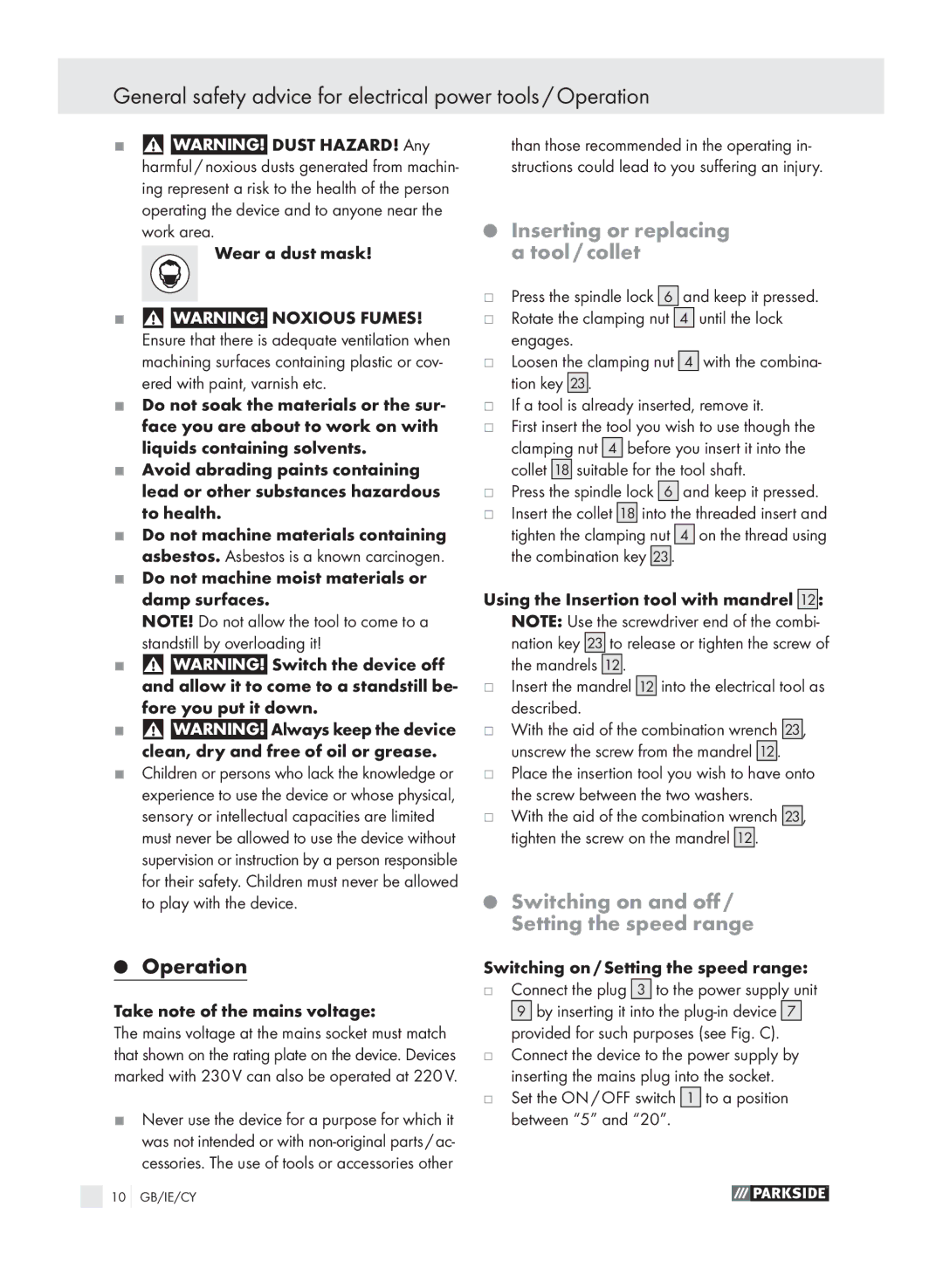 Parkside PMGS 12 manual Inserting or replacing a tool / collet, Switching on and off / Setting the speed range 